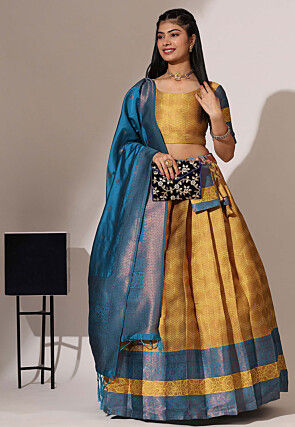 Woven Art Silk Lehenga in Mustard