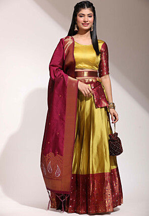 Woven Art Silk Lehenga in Mustard