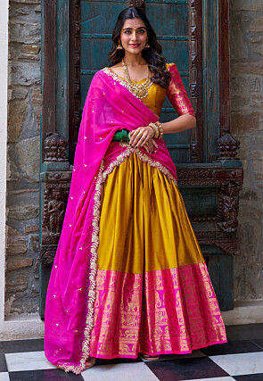 Woven Art Silk Lehenga in Mustard