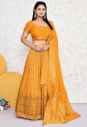 Woven Art Silk Jacquard Lehenga in Mustard