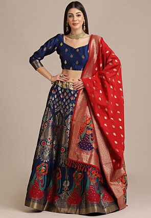 Woven Art Silk Lehenga in Navy Blue