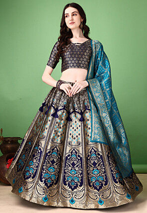 Woven Art Silk Lehenga in Navy Blue