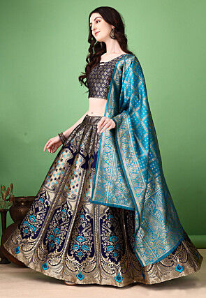 Woven Art Silk Lehenga in Navy Blue