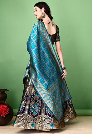 Woven Art Silk Lehenga in Navy Blue