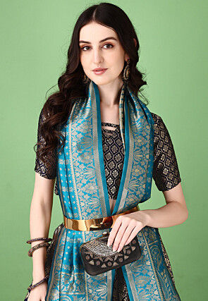 Woven Art Silk Lehenga in Navy Blue