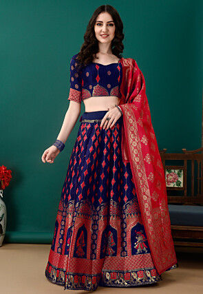 Woven Art Silk Lehenga in Navy Blue