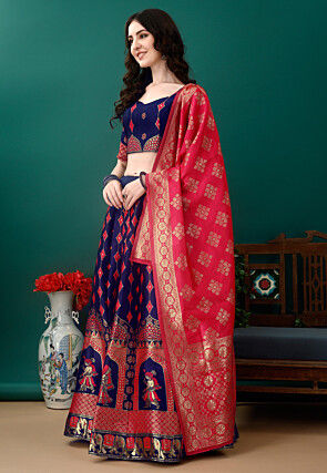 Woven Art Silk Lehenga in Navy Blue