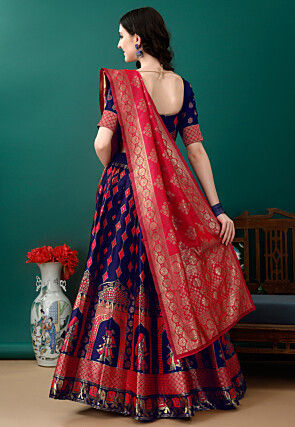 Woven Art Silk Lehenga in Navy Blue