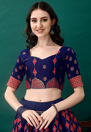 Woven Art Silk Lehenga in Navy Blue