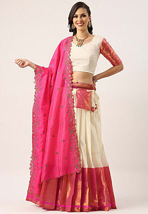 Woven Art Silk Lehenga in Off White