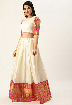 Woven Art Silk Lehenga in Off White