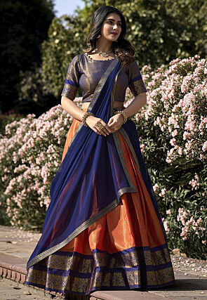 Woven Art Silk Lehenga in Orange