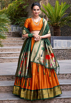 Woven Art Silk Lehenga in Orange