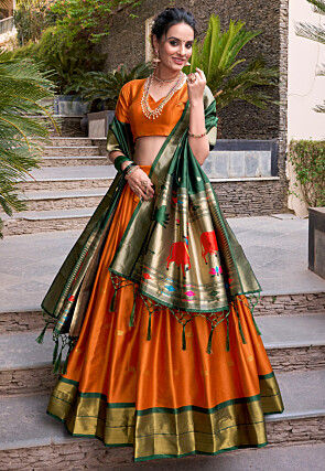 Woven Art Silk Lehenga in Orange
