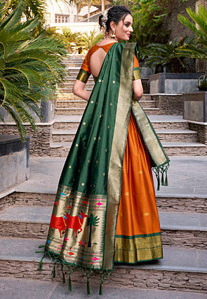Woven Art Silk Lehenga in Orange