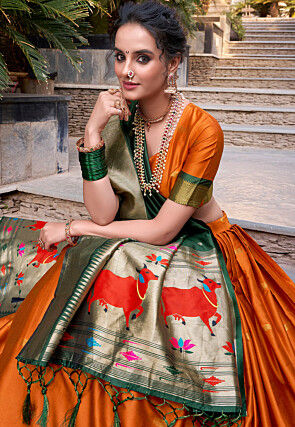 Woven Art Silk Lehenga in Orange