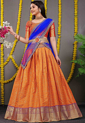 Orange Blue Embroidery Work Net Chiffon Wedding Designer Lehenga Choli. Buy  online shopping lehenga choli at - India.