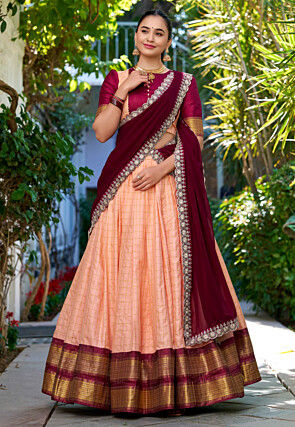 Woven Art Silk Lehenga in Peach