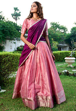 Woven Art Silk Lehenga in Peach