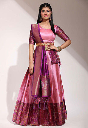 Woven Art Silk Lehenga in Pink