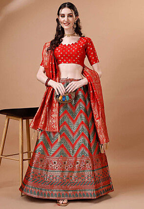 Woven Art Silk Lehenga in Red and Dark Green