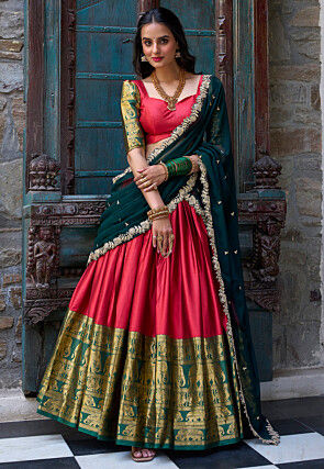 Woven Art Silk Lehenga in Red