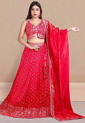 Woven Art Silk Lehenga in Red