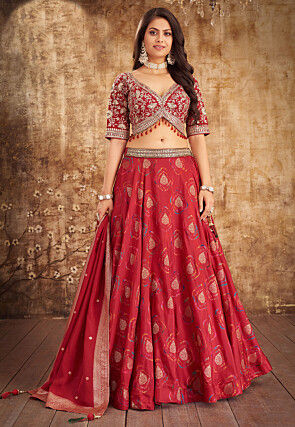 Woven Art Silk Lehenga in Red