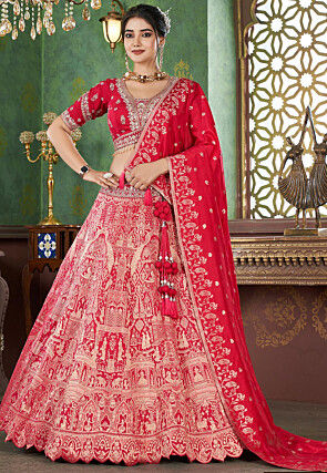 Woven Art Silk Jacquard Lehenga in Red