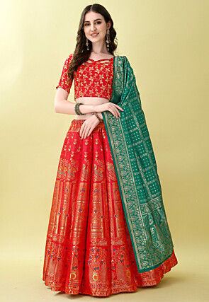 Woven Art Silk Lehenga in Red