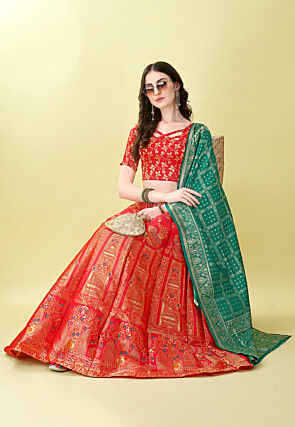 Woven Art Silk Lehenga in Red