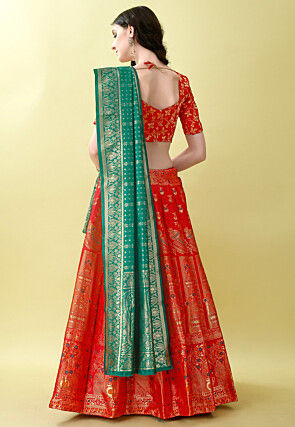Woven Art Silk Lehenga in Red
