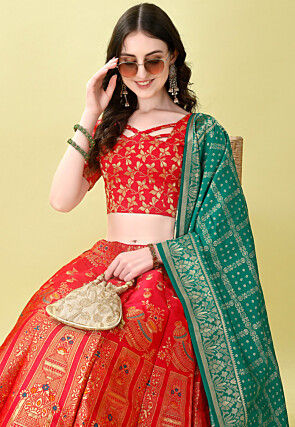 Woven Art Silk Lehenga in Red