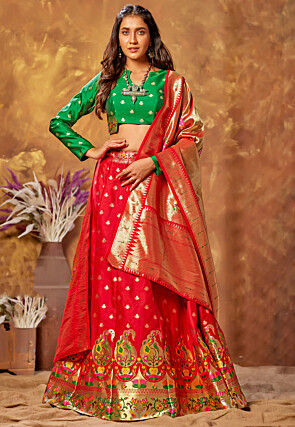 Woven Art Silk Lehenga in Red