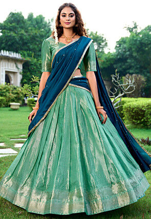 Woven Art Silk Lehenga in Sea Green