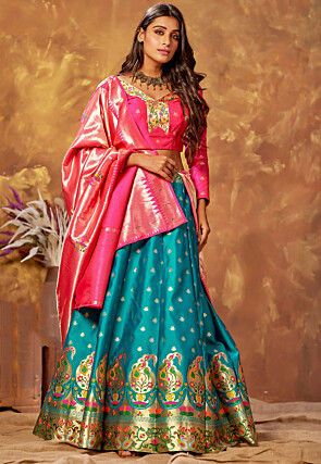 Woven Art Silk Lehenga in Teal Blue