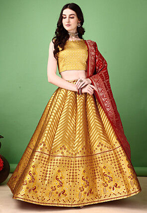 Woven Art Silk Lehenga in Yellow
