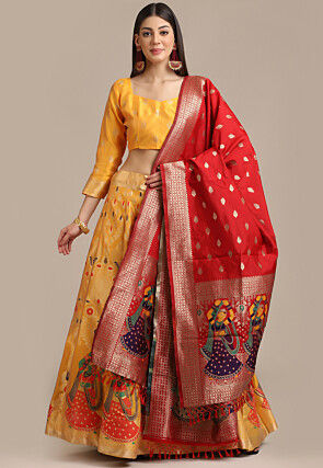 Woven Art Silk Lehenga in Yellow