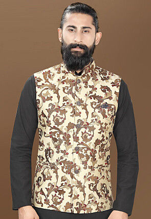 Woven Art Silk Nehru Jacket in Cream