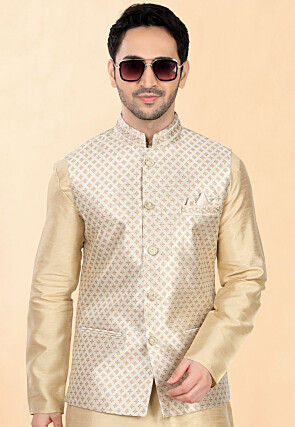 Woven Art Silk Jacquard Nehru Jacket in Cream