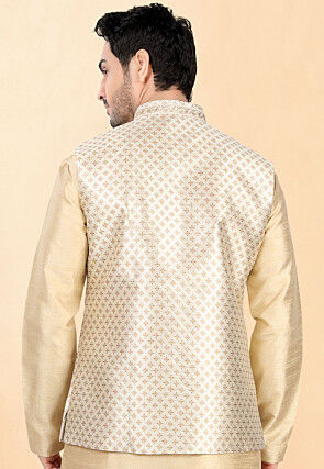 Woven Art Silk Jacquard Nehru Jacket in Cream