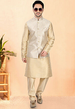 Woven Art Silk Jacquard Nehru Jacket in Cream