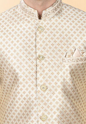 Woven Art Silk Jacquard Nehru Jacket in Cream