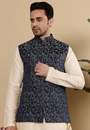 Woven Art Silk Nehru Jacket in Dark Blue