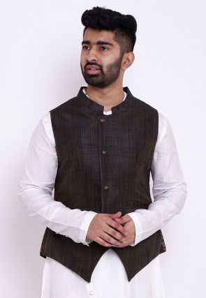 Woven Art Silk Nehru Jacket in Dark Brown