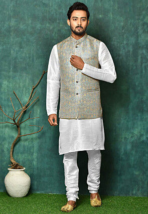 Woven Art Silk Nehru Jacket in Grey