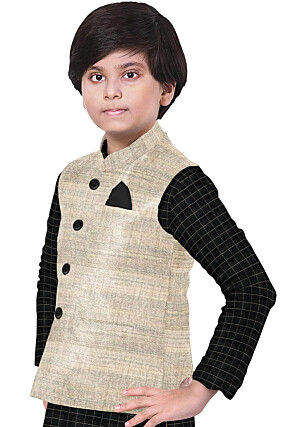 Woven Art Silk Nehru Jacket in Light Beige