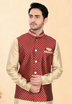Woven Art Silk Jacquard Nehru Jacket in Maroon