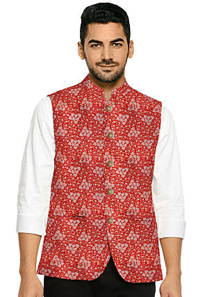 Woven Art Silk Nehru Jacket in Red