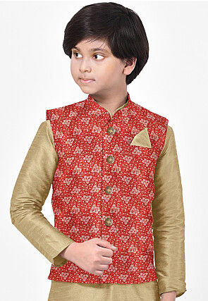 Woven Art Silk Nehru Jacket in Red